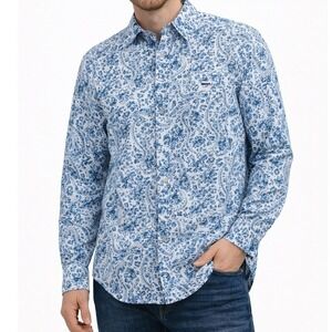 Tommy Hilfiger Button Down Mens Large Blue Paisley Long Sleeve Casual Shirt